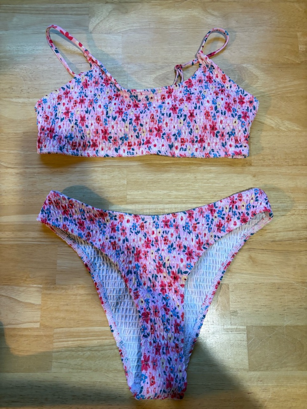 Pink Floral Smocked Bikini Set - Women